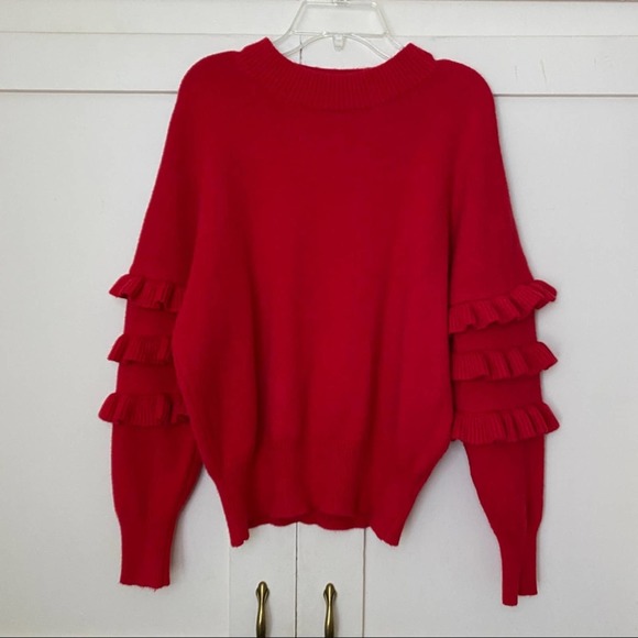 Line & Dot Ruffle Sleeve Crewneck Red Sweater Small - Picture 2 of 6